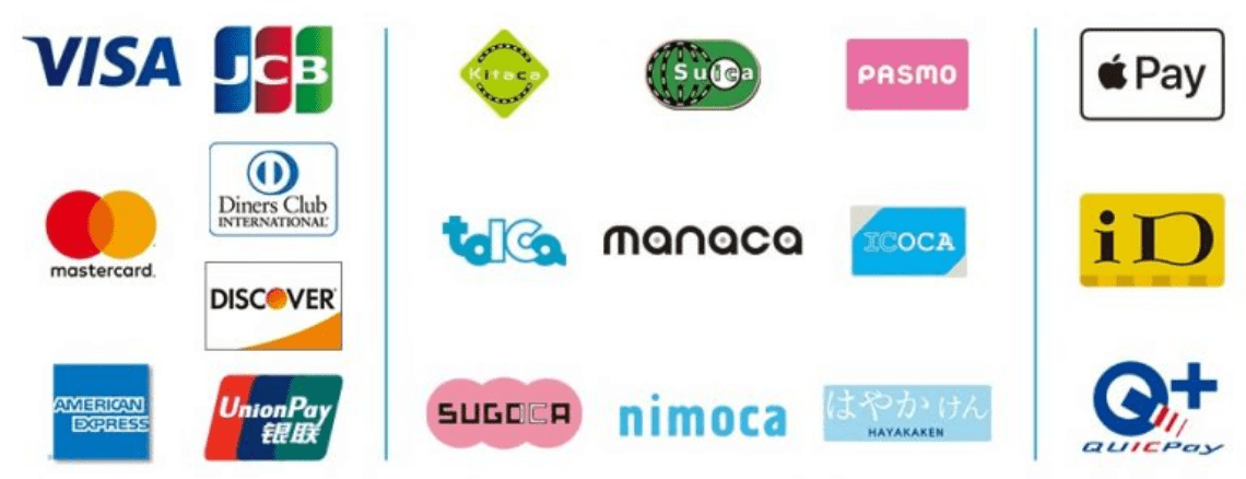 visa jcb master diners discover amex unionpay 交通系IC applepay ID quicpay